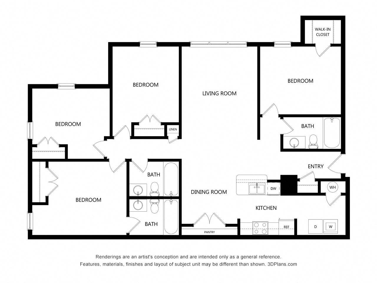 Floor plan for 4 beds, 3 baths, 1460 sqft